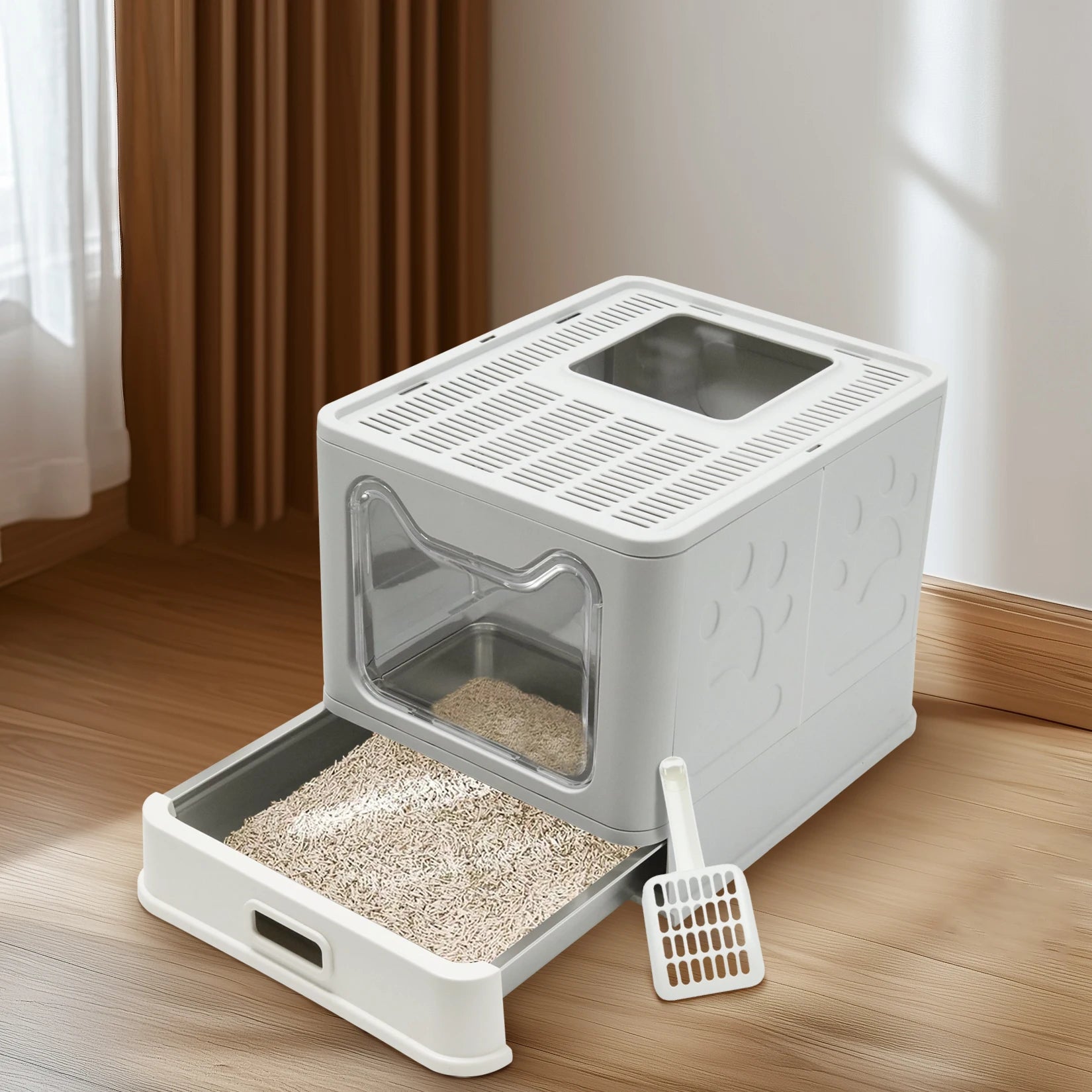 Cat Litter Box with Lid Front Entry Top Exit Stainless Steel Base Foldable Design. easy clean and scoop included