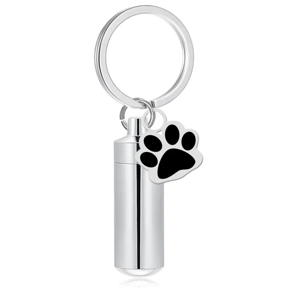 Paw Print Cylinder Pet Urn Pendant Keychain Stainless Steel with Funnel Included - Blue