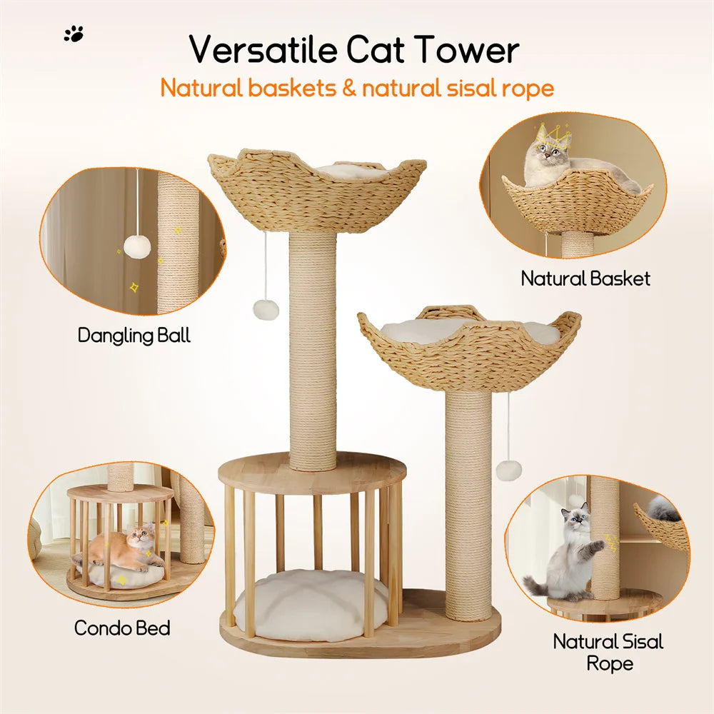 Wooden Cat Tree with Condo Baskets, Sisal scratching posts and Hanging Toy