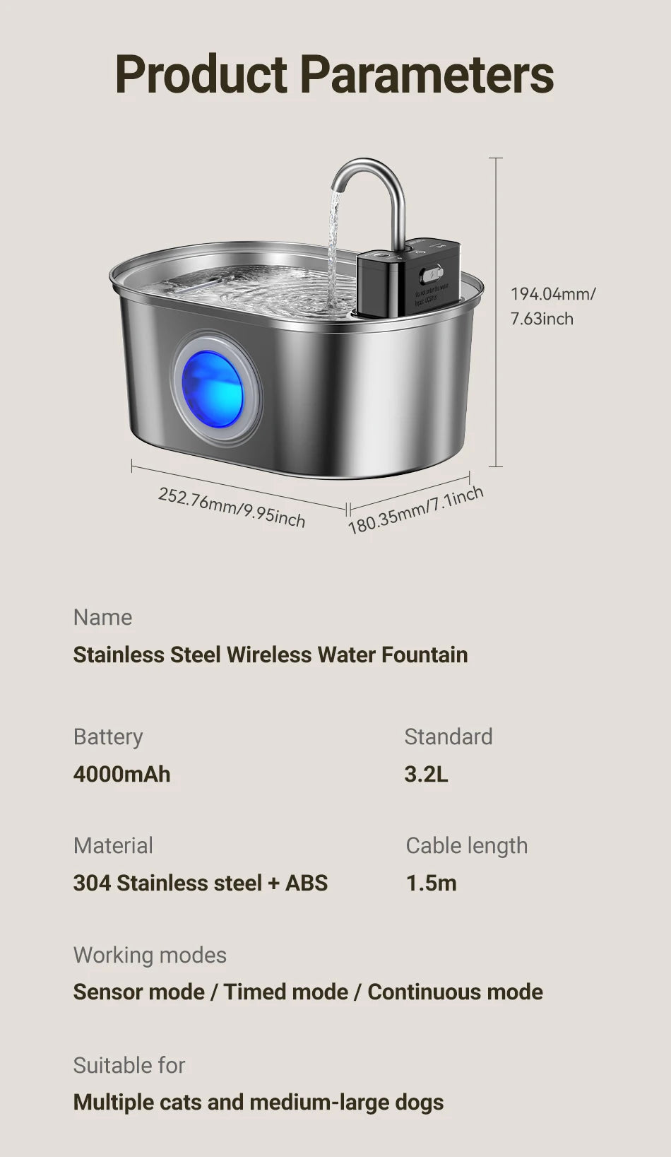 Stainless Steel Pet Water Fountain Cordless Rechargeable 3.2L with Smart Sensor Pump
