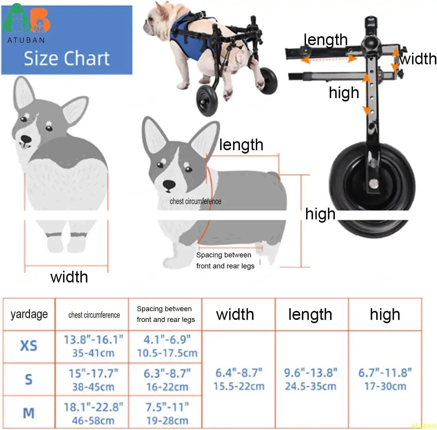 Adjustable Pet Wheelchair Cart for Dogs and Cats Lightweight Aluminum Frame Hind Leg Support, Size S (see sizing chart)
