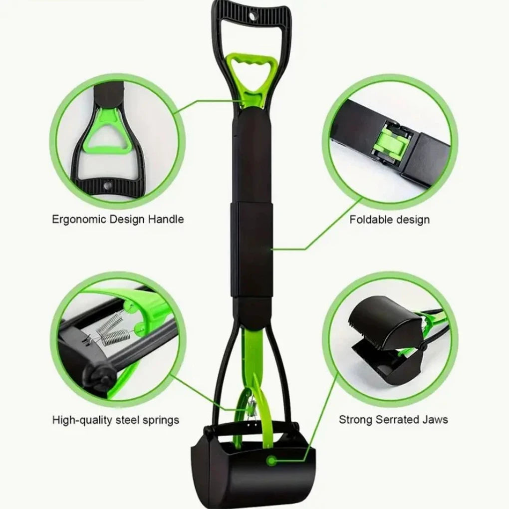Foldable Dog Poop Scooper Long Handle Heavy Duty Jaw Clamp, Non Stick, Easy Clean