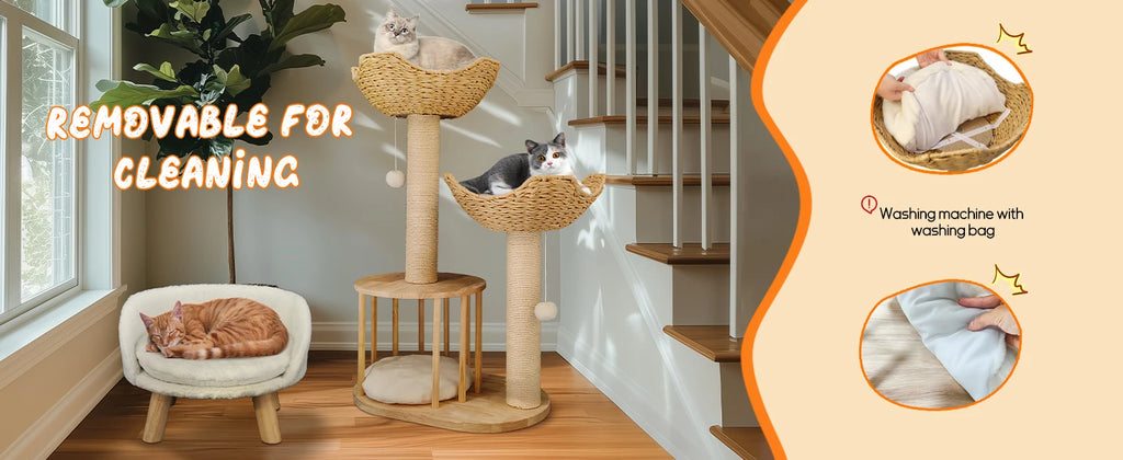 Wooden Cat Tree with Condo Baskets, Sisal scratching posts and Hanging Toy