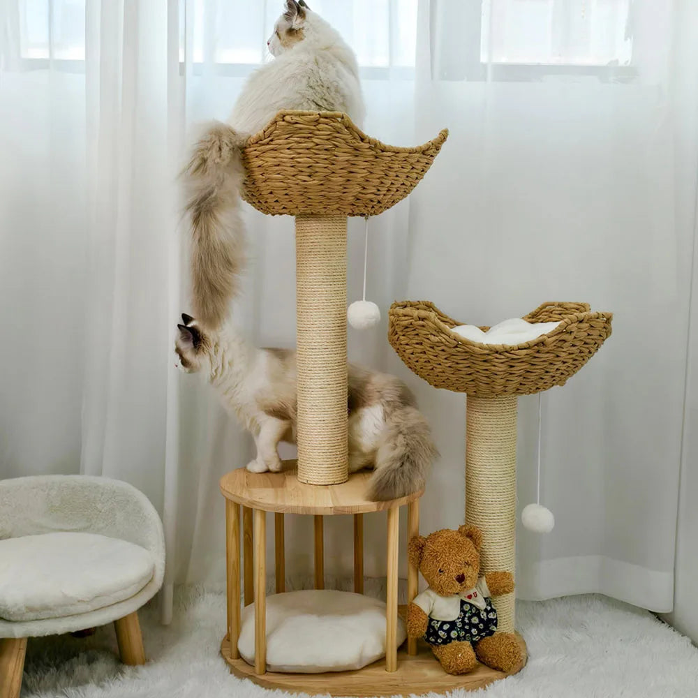 Wooden Cat Tree with Condo Baskets, Sisal scratching posts and Hanging Toy