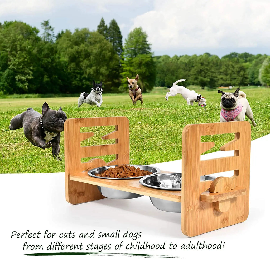 Adjustable Elevated Pet Food and Water Bowl Set Bamboo Stand Non Slip with 2 Stainless Steel Bowls
