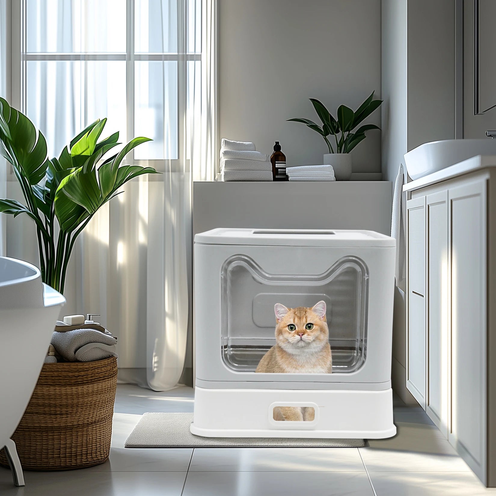 Cat Litter Box with Lid Front Entry Top Exit Stainless Steel Base Foldable Design. easy clean and scoop included