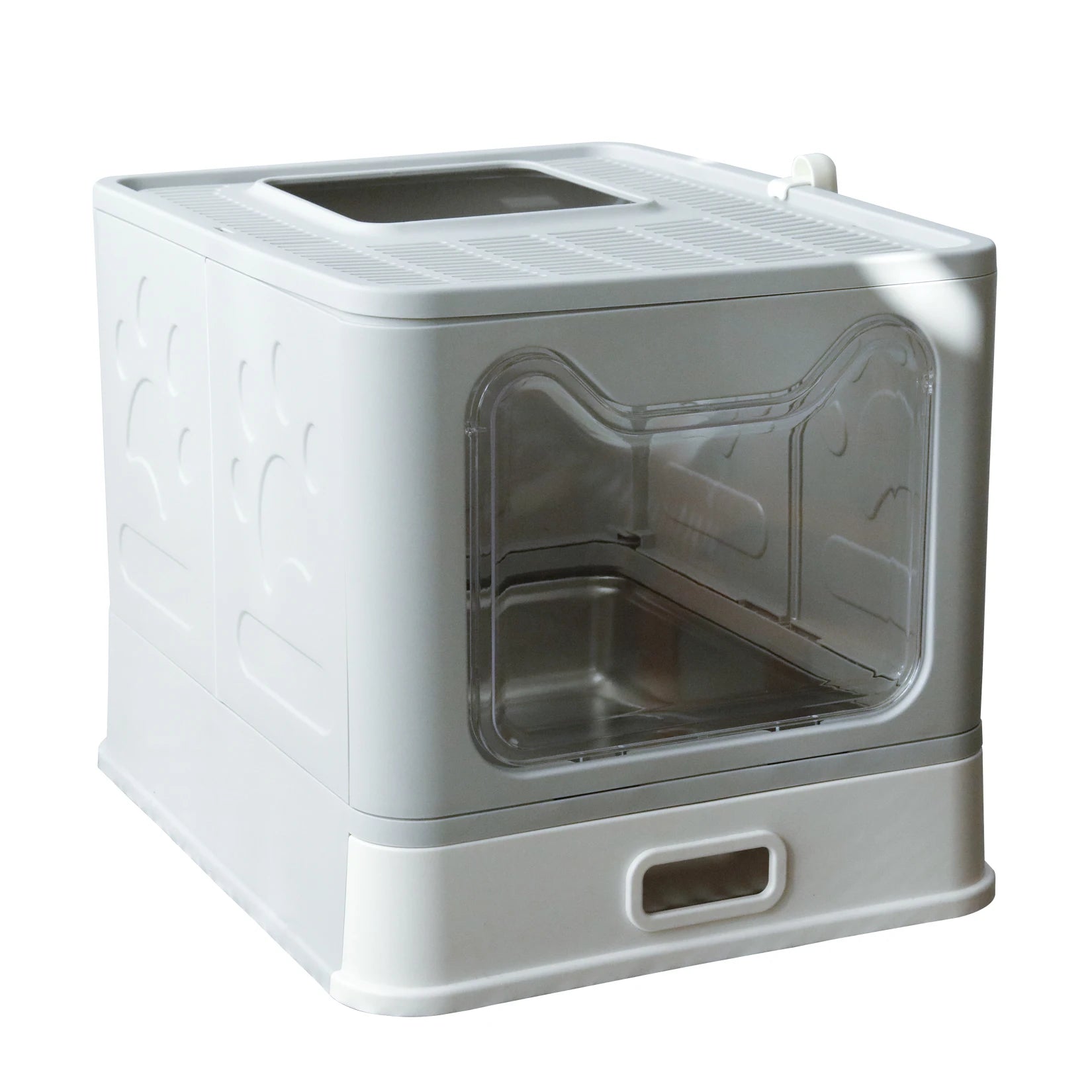Cat Litter Box with Lid Front Entry Top Exit Stainless Steel Base Foldable Design. easy clean and scoop included