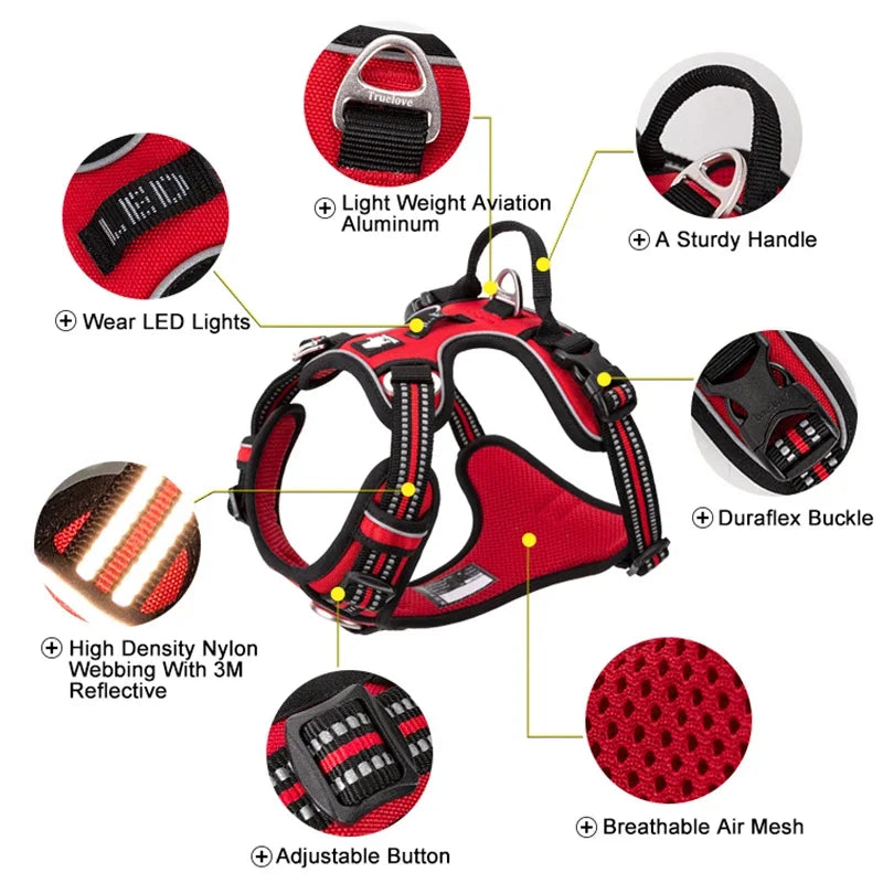 Dog Harness with Breathable Mesh Padding and reflective trim - Adjustable Lightweight Fit, Red, size XL