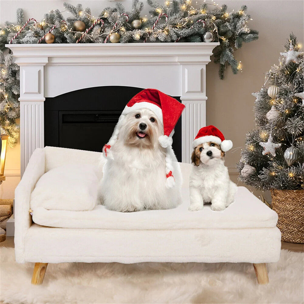 Luxury elevated Pet Lounger Sofa Bed with Plush Cushion and Wooden Legs Raised Backrest for Dogs and Cats. (Medium: 77.5 x 48cm, 25kg)