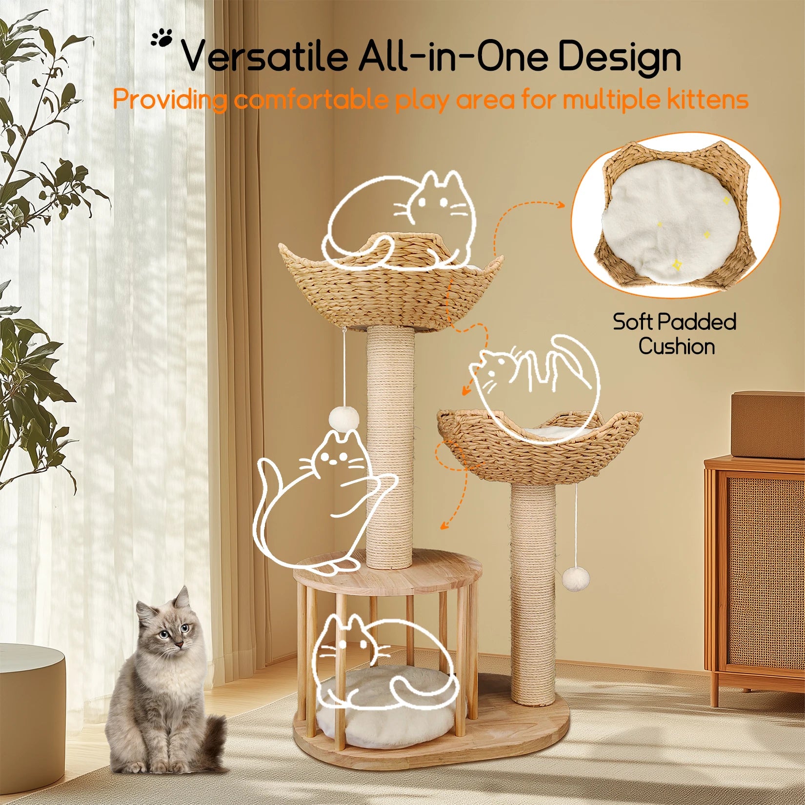 Wooden Cat Tree with Condo Baskets, Sisal scratching posts and Hanging Toy