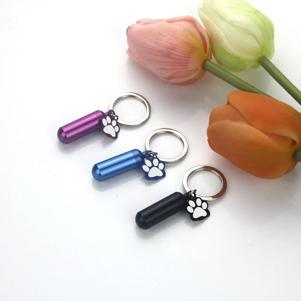 Paw Print Cylinder Pet Urn Pendant Keychain Stainless Steel with Funnel Included - Purple