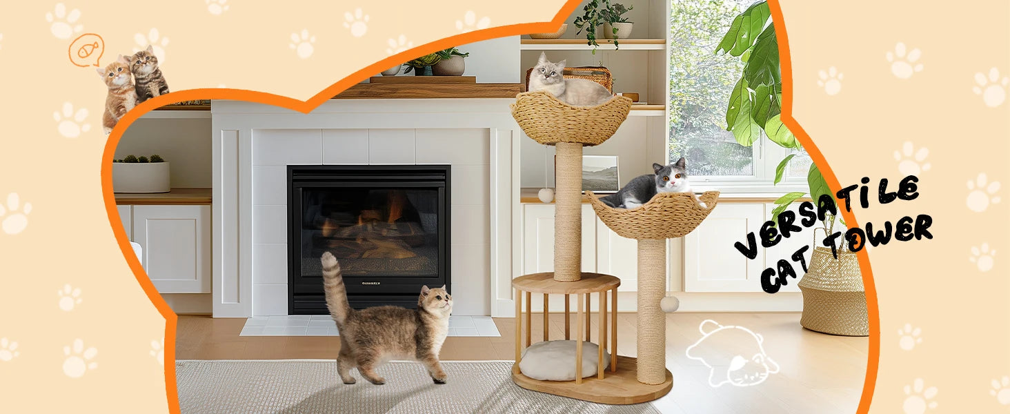 Wooden Cat Tree with Condo Baskets, Sisal scratching posts and Hanging Toy