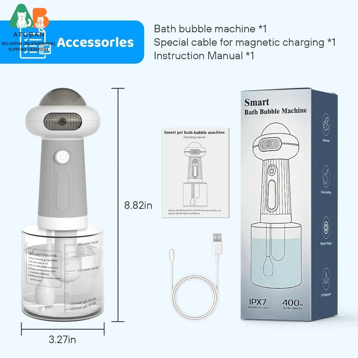 ATUBAN Dog Shampoo Dispenser, UFO Dog Shampoo Sprayer Electric Foaming Shampoo Dispenser for Dogs and Cats Washing, for Bathtub