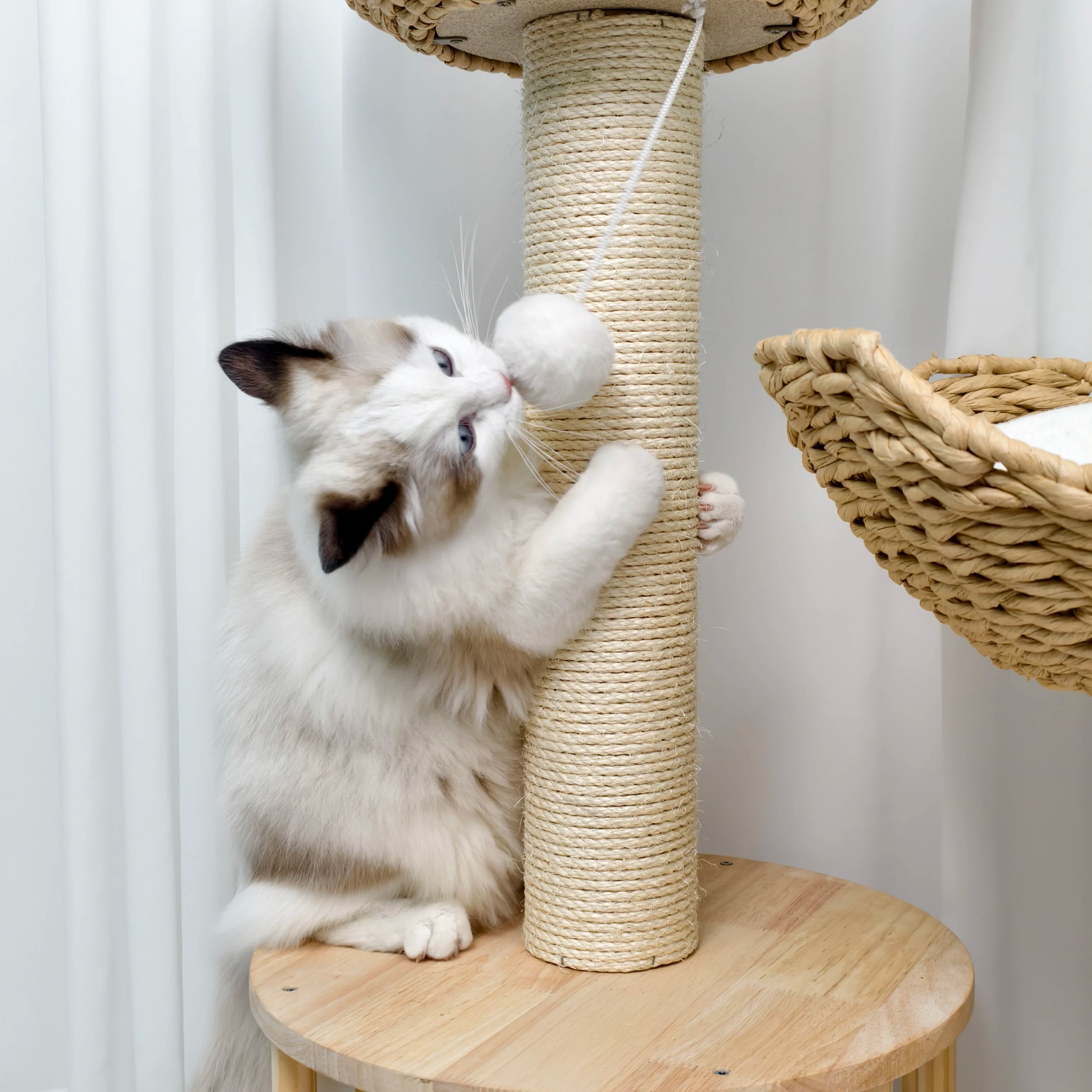 Wooden Cat Tree with Condo Baskets, Sisal scratching posts and Hanging Toy