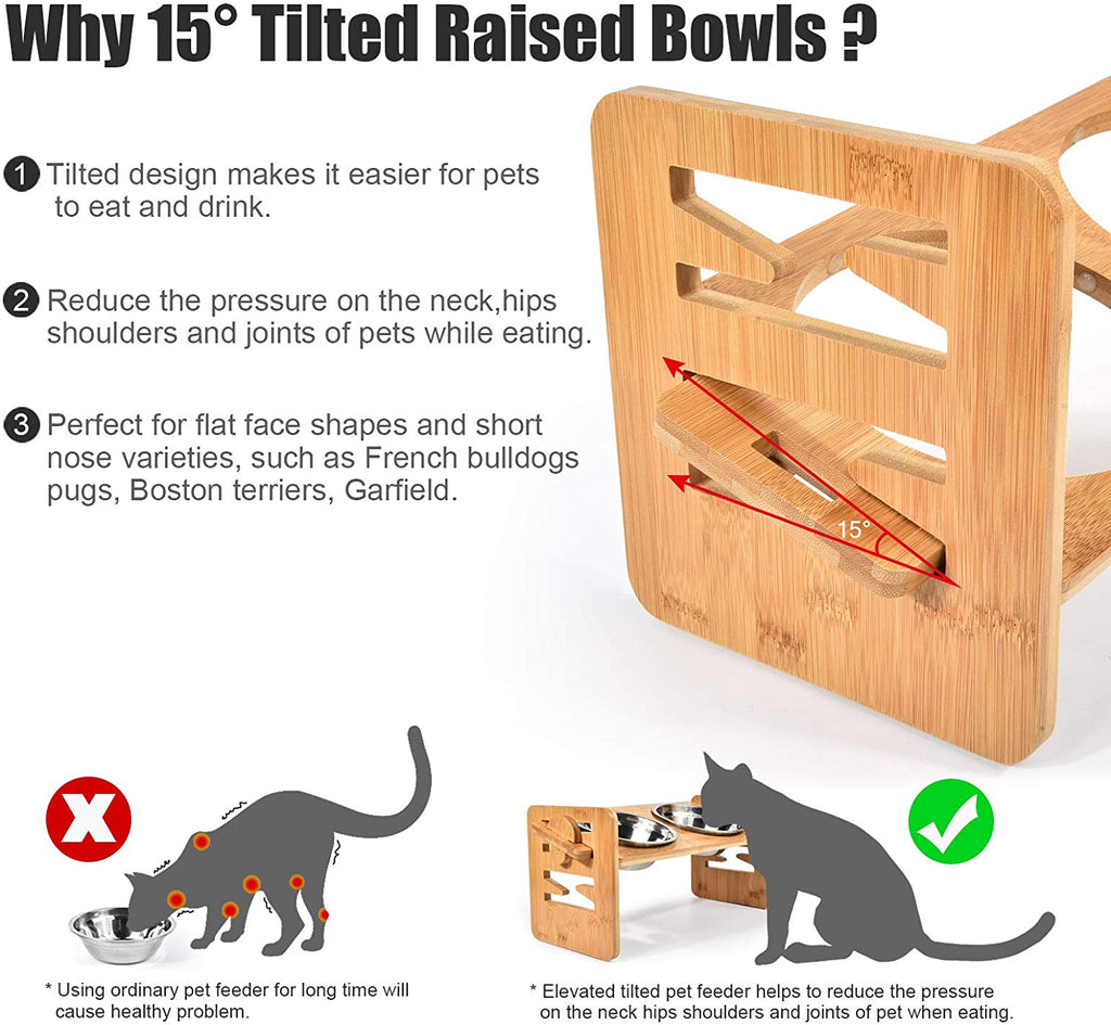 Adjustable Elevated Pet Food and Water Bowl Set Bamboo Stand Non Slip with 2 Stainless Steel Bowls