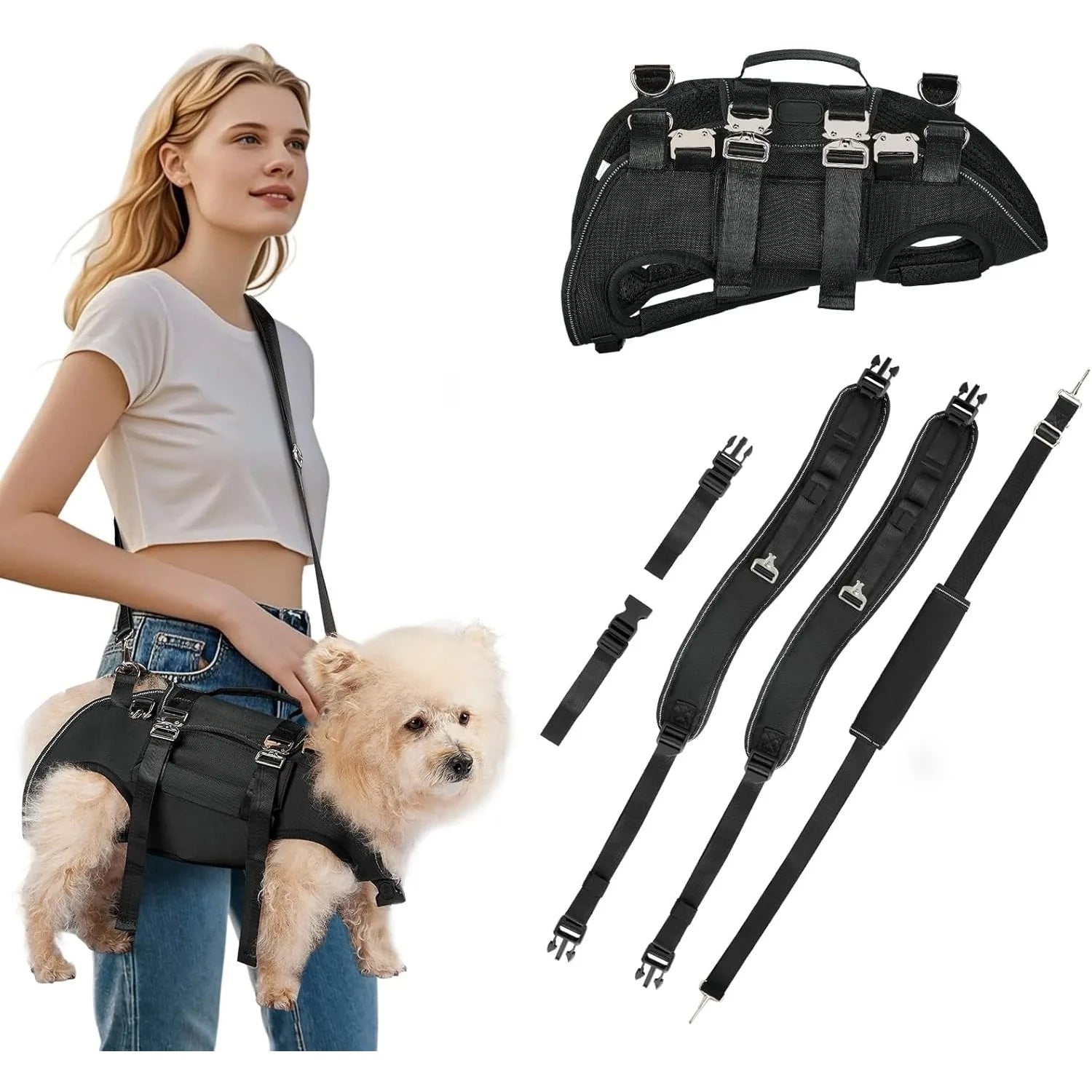Dog Sling Carrier Lift Harness with Reinforced Handles and Adjustable Fit for Small to Medium Dogs - Black, Size L-7.1-11KG