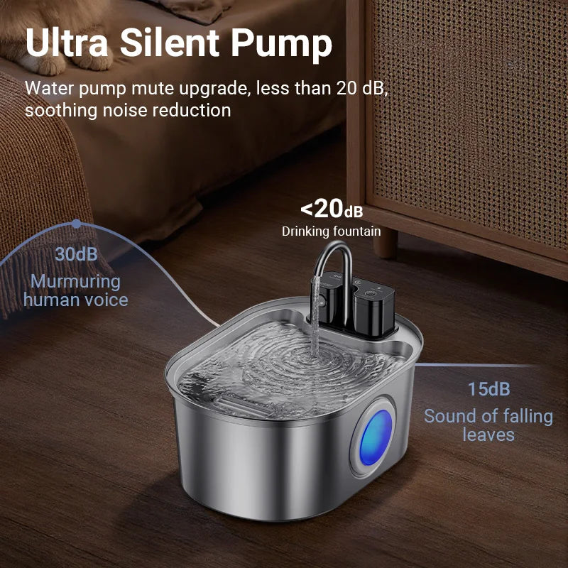 Stainless Steel Pet Water Fountain Cordless Rechargeable 3.2L with Smart Sensor Pump