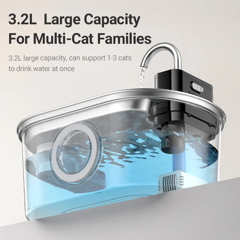 Stainless Steel Pet Water Fountain Cordless Rechargeable 3.2L with Smart Sensor Pump