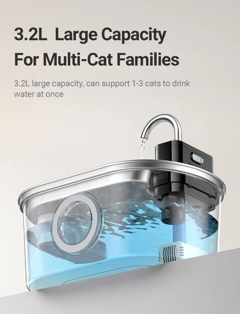 Stainless Steel Pet Water Fountain Cordless Rechargeable 3.2L with Smart Sensor Pump