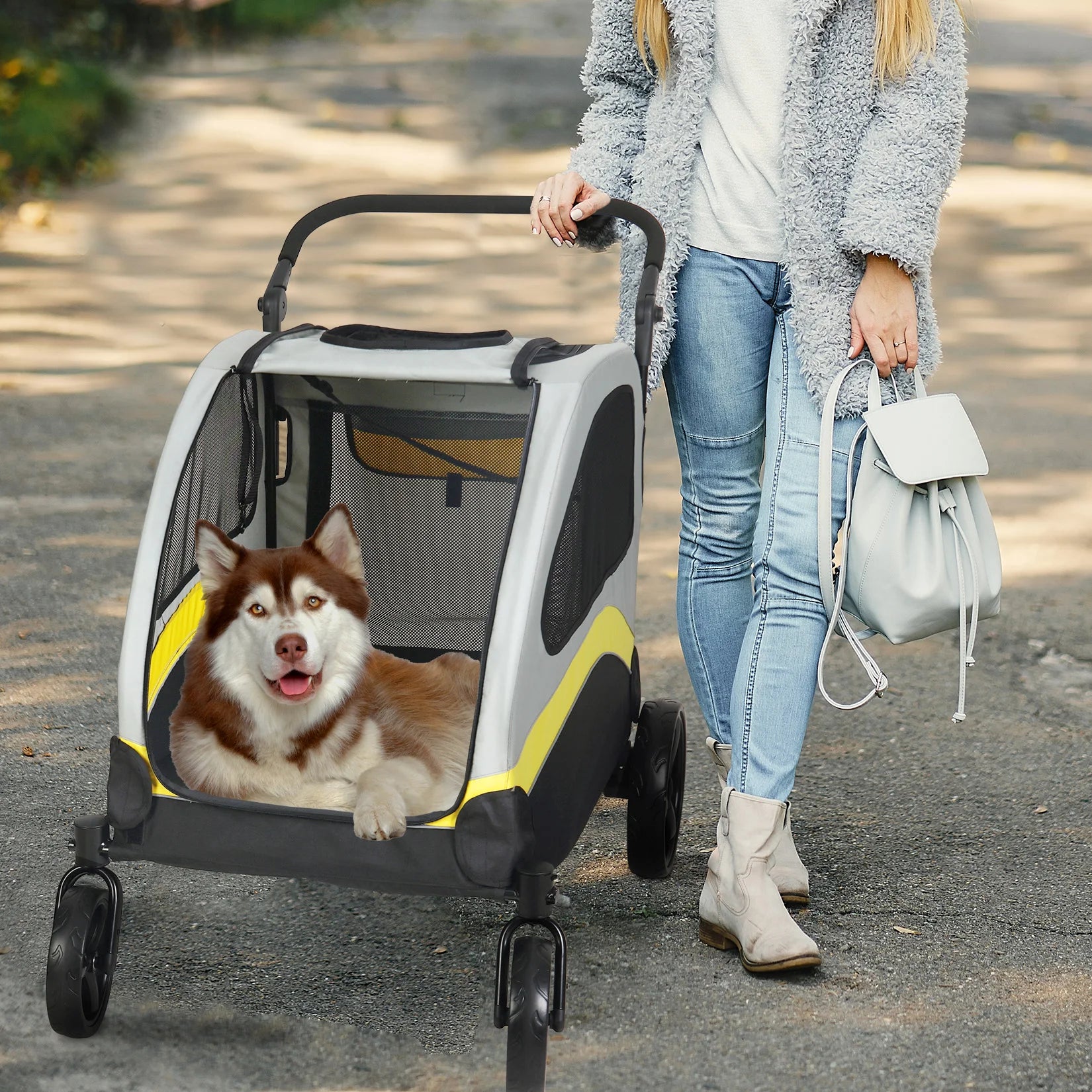 Heavy Duty Pet Stroller with 4 Wheels and Brake - Foldable. (Large)