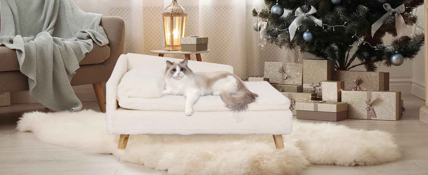 Luxury elevated Pet Lounger Sofa Bed with Plush Cushion and Wooden Legs Raised Backrest for Dogs and Cats. (Medium: 77.5 x 48cm, 25kg)