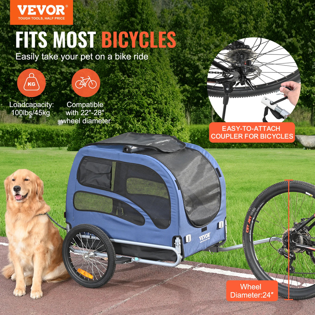 Dog Bicycle Trailer Carrier Foldable Heavy Duty Steel Frame 100lb Capacity with Reflectors Flag