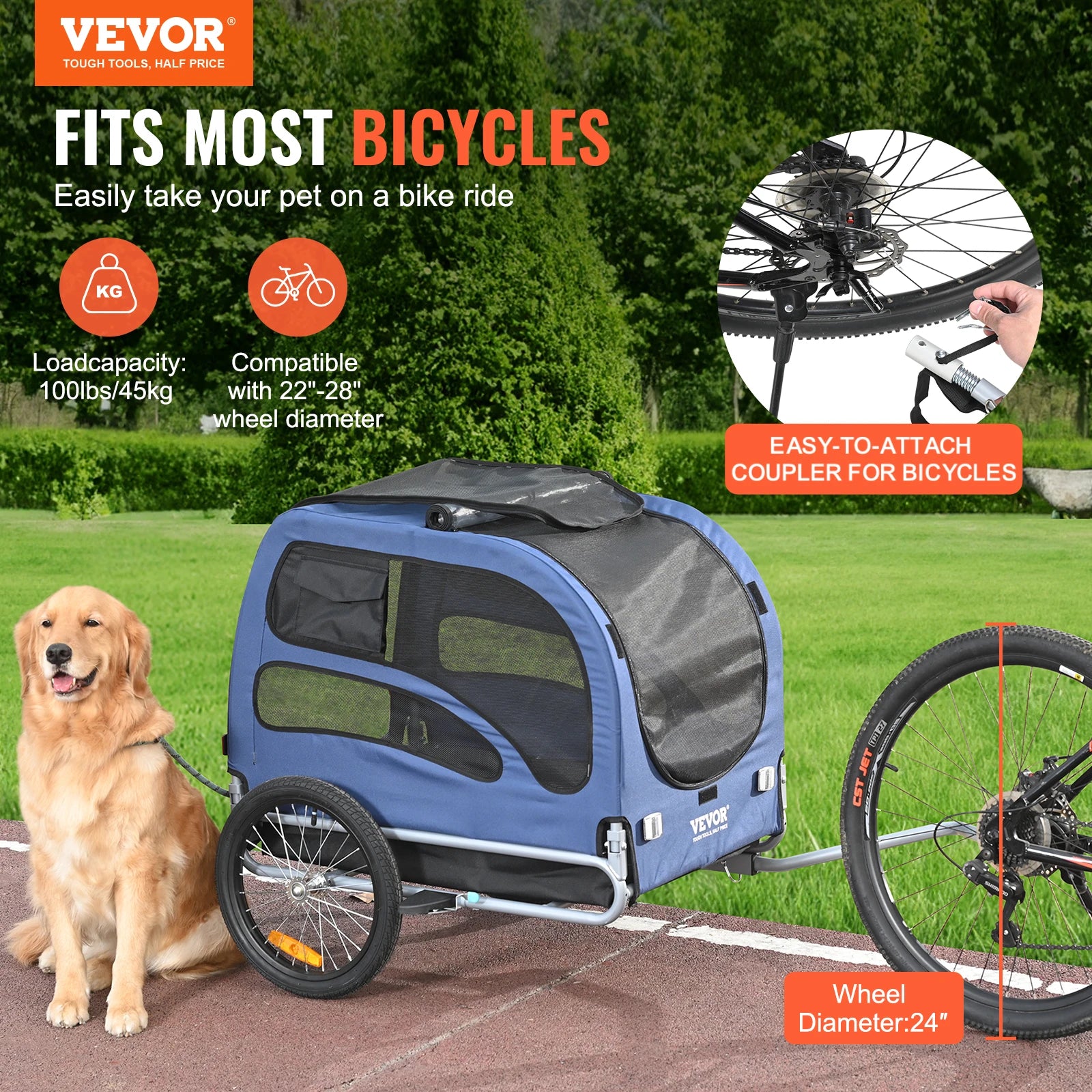 Dog Bicycle Trailer Carrier Foldable Heavy Duty Steel Frame 100lb Capacity with Reflectors Flag