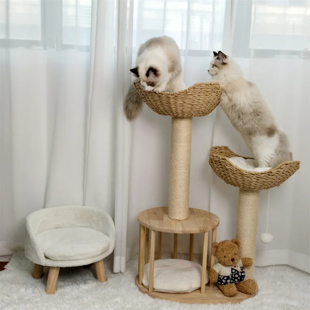 Wooden Cat Tree with Condo Baskets, Sisal scratching posts and Hanging Toy