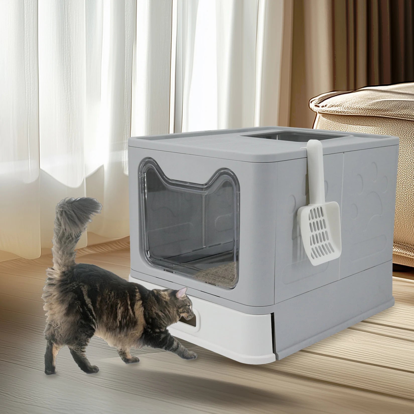 Cat Litter Box with Lid Front Entry Top Exit Stainless Steel Base Foldable Design. easy clean and scoop included