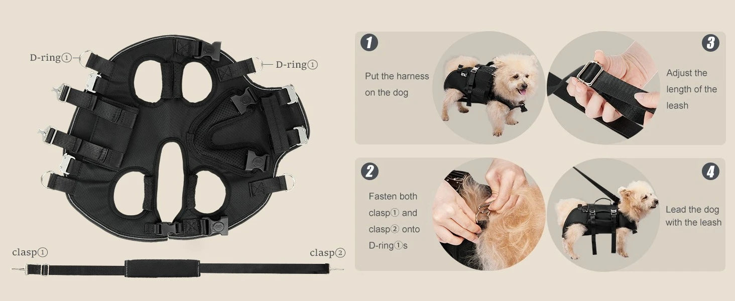 Dog Sling Carrier Lift Harness with Reinforced Handles and Adjustable Fit for Small to Medium Dogs - Black, Size S (2-3.5kg)