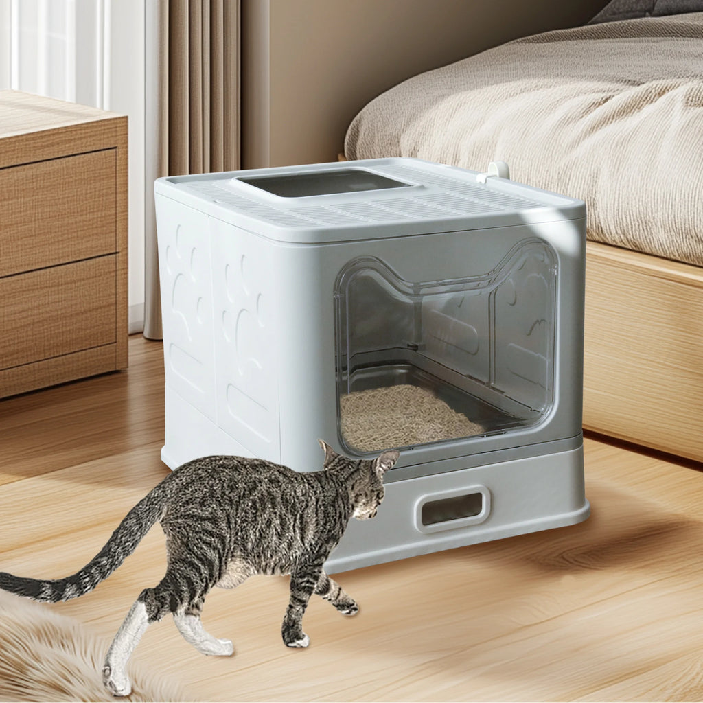 Cat Litter Box with Lid Front Entry Top Exit Stainless Steel Base Foldable Design. easy clean and scoop included