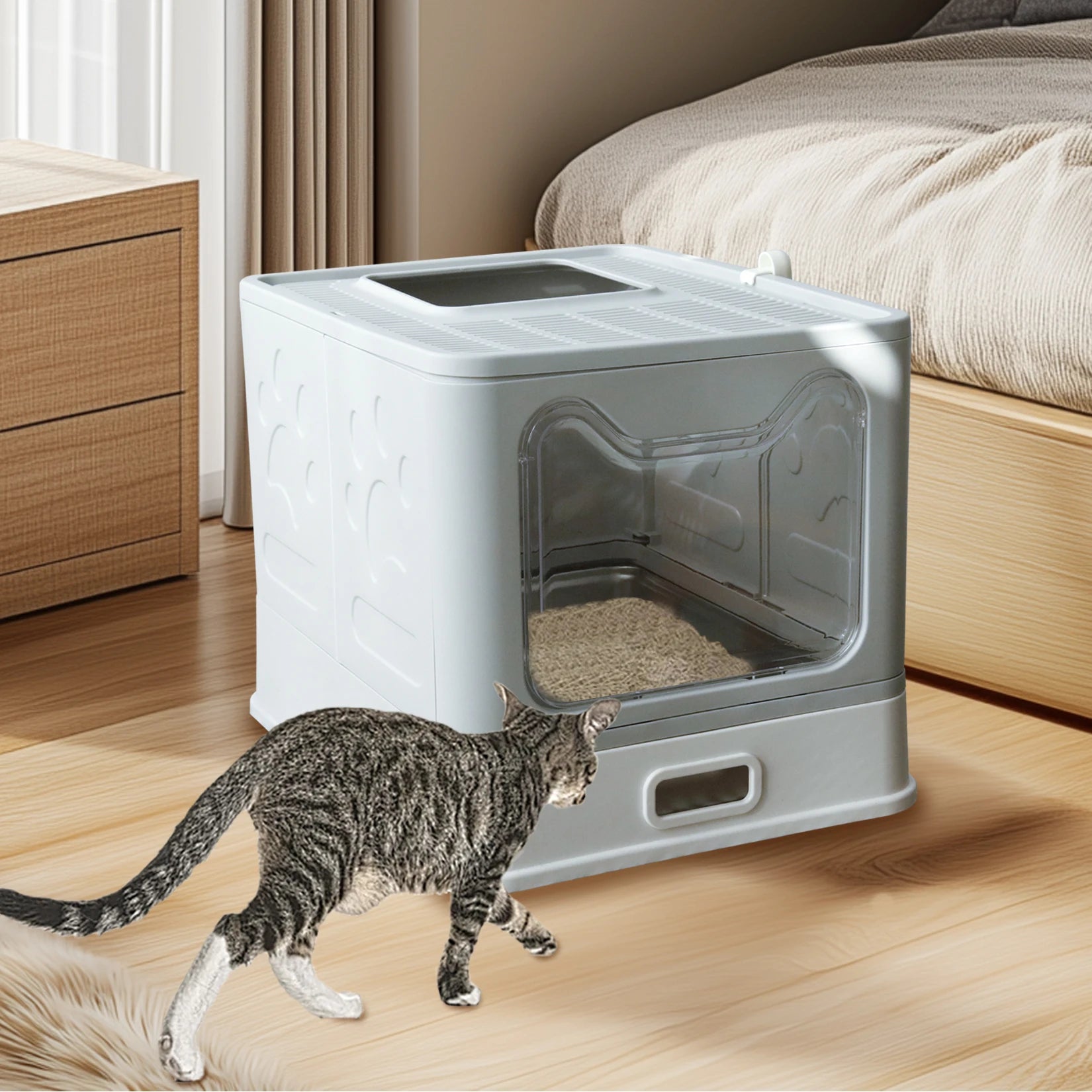 Cat Litter Box with Lid Front Entry Top Exit Stainless Steel Base Foldable Design. easy clean and scoop included