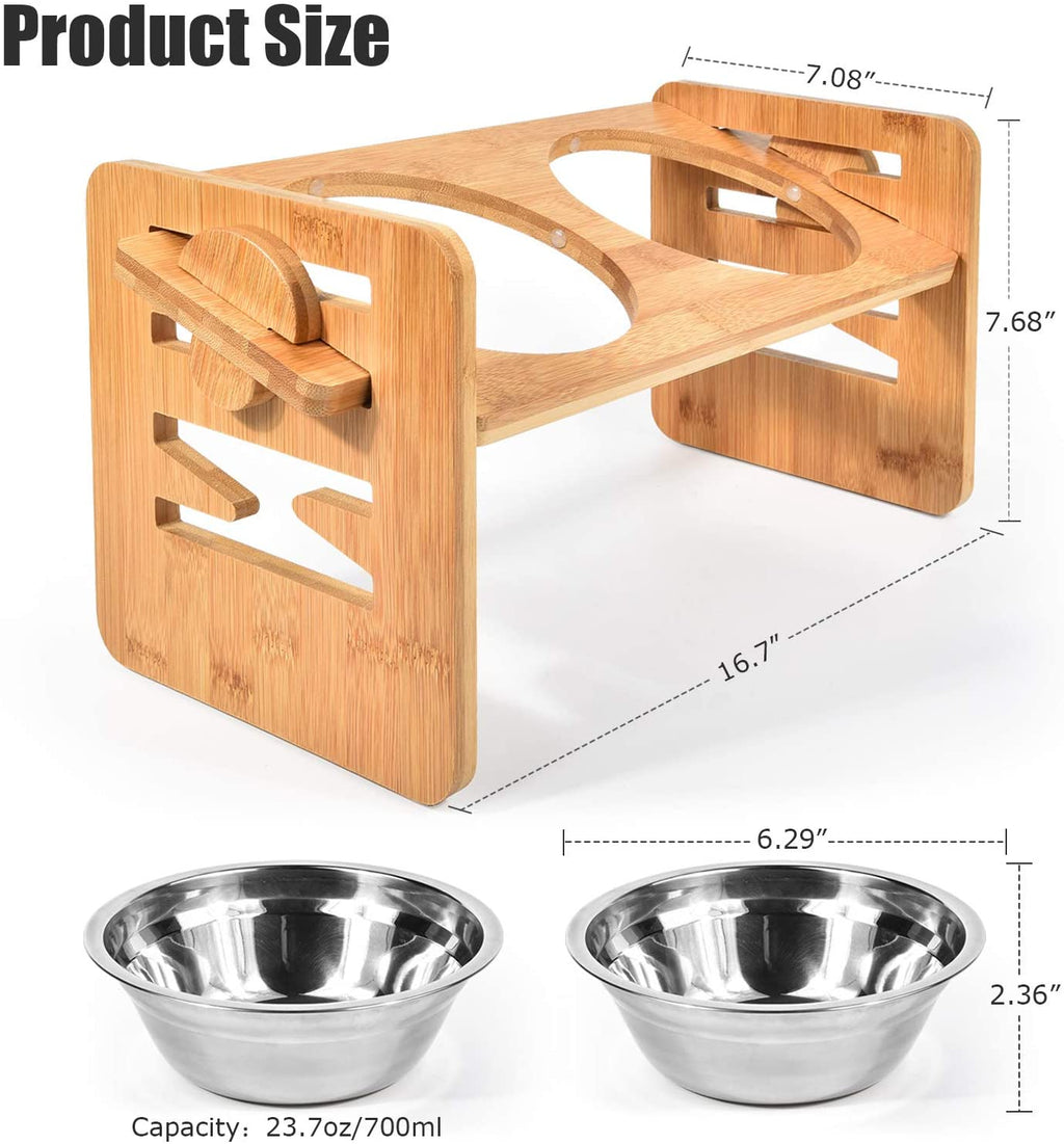 Adjustable Elevated Pet Food and Water Bowl Set Bamboo Stand Non Slip with 2 Stainless Steel Bowls