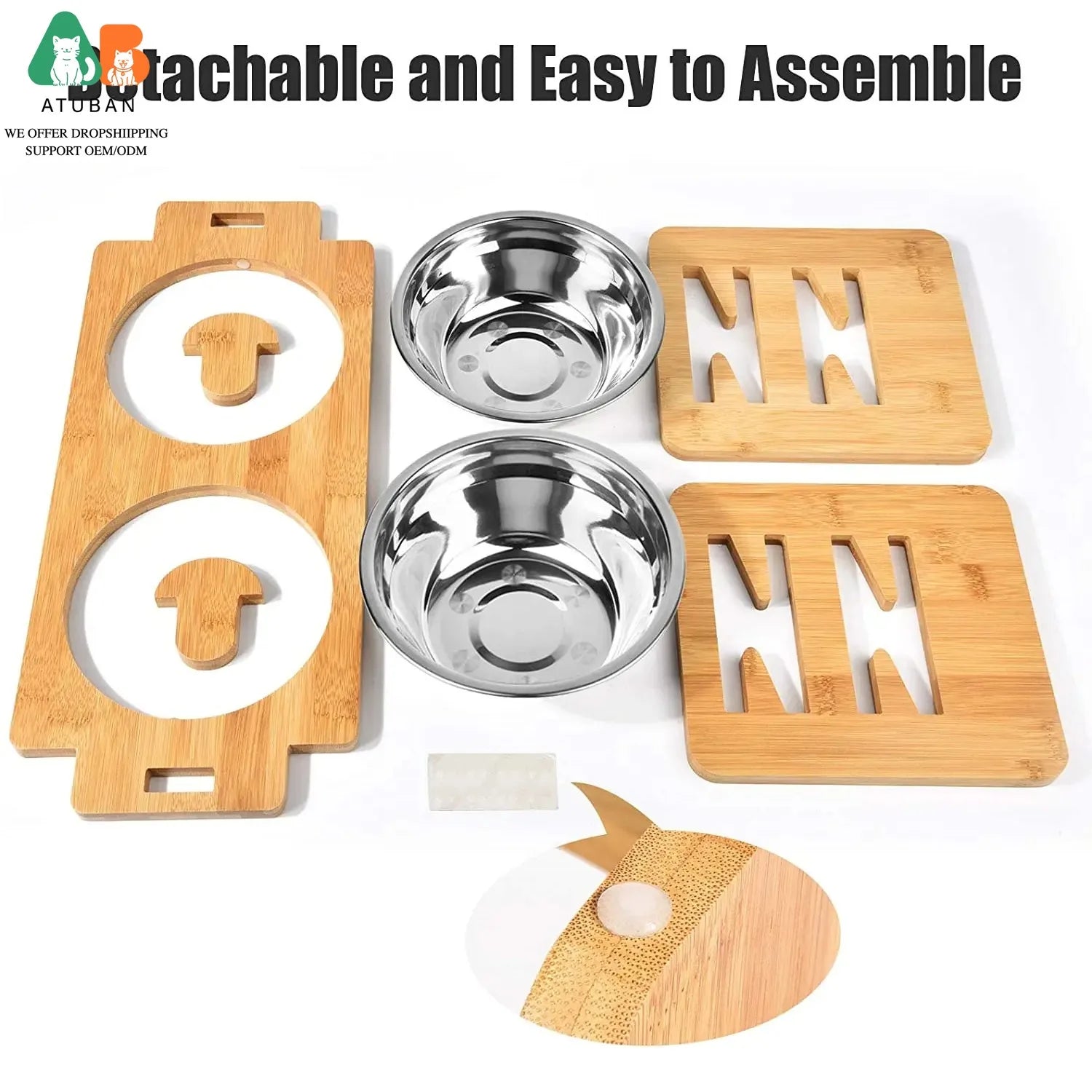 Adjustable Elevated Pet Food and Water Bowl Set Bamboo Stand Non Slip with 2 Stainless Steel Bowls