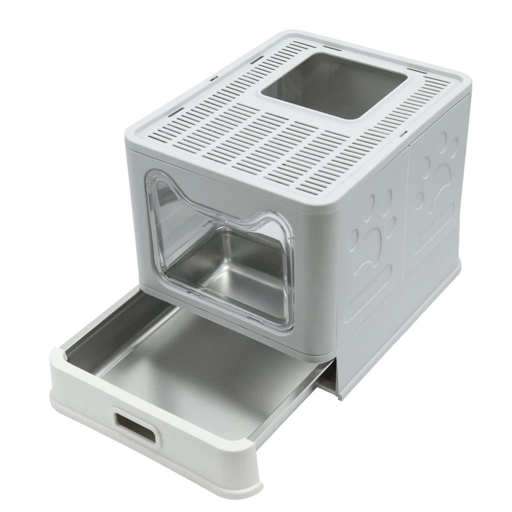 Cat Litter Box with Lid Front Entry Top Exit Stainless Steel Base Foldable Design. easy clean and scoop included