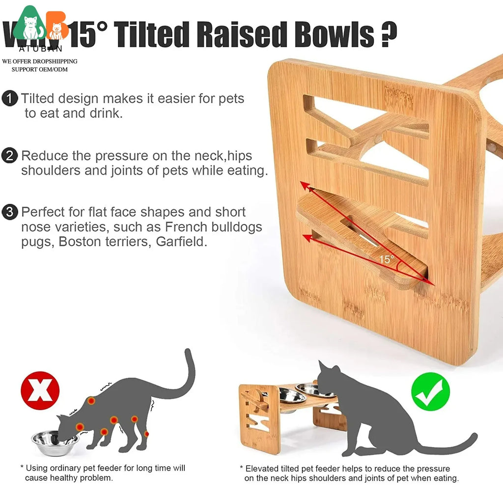 Adjustable Elevated Pet Food and Water Bowl Set Bamboo Stand Non Slip with 2 Stainless Steel Bowls