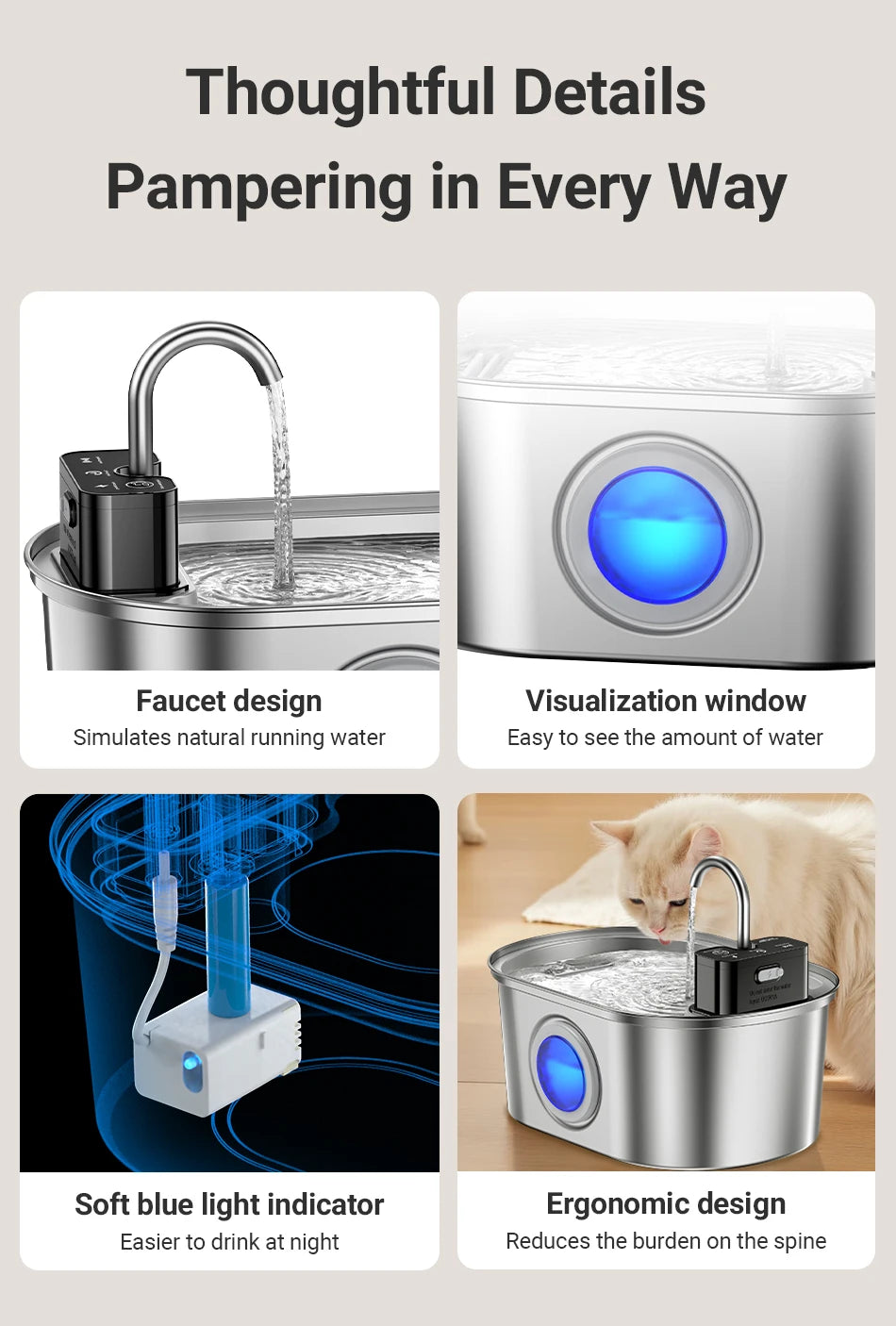 Stainless Steel Pet Water Fountain Cordless Rechargeable 3.2L with Smart Sensor Pump