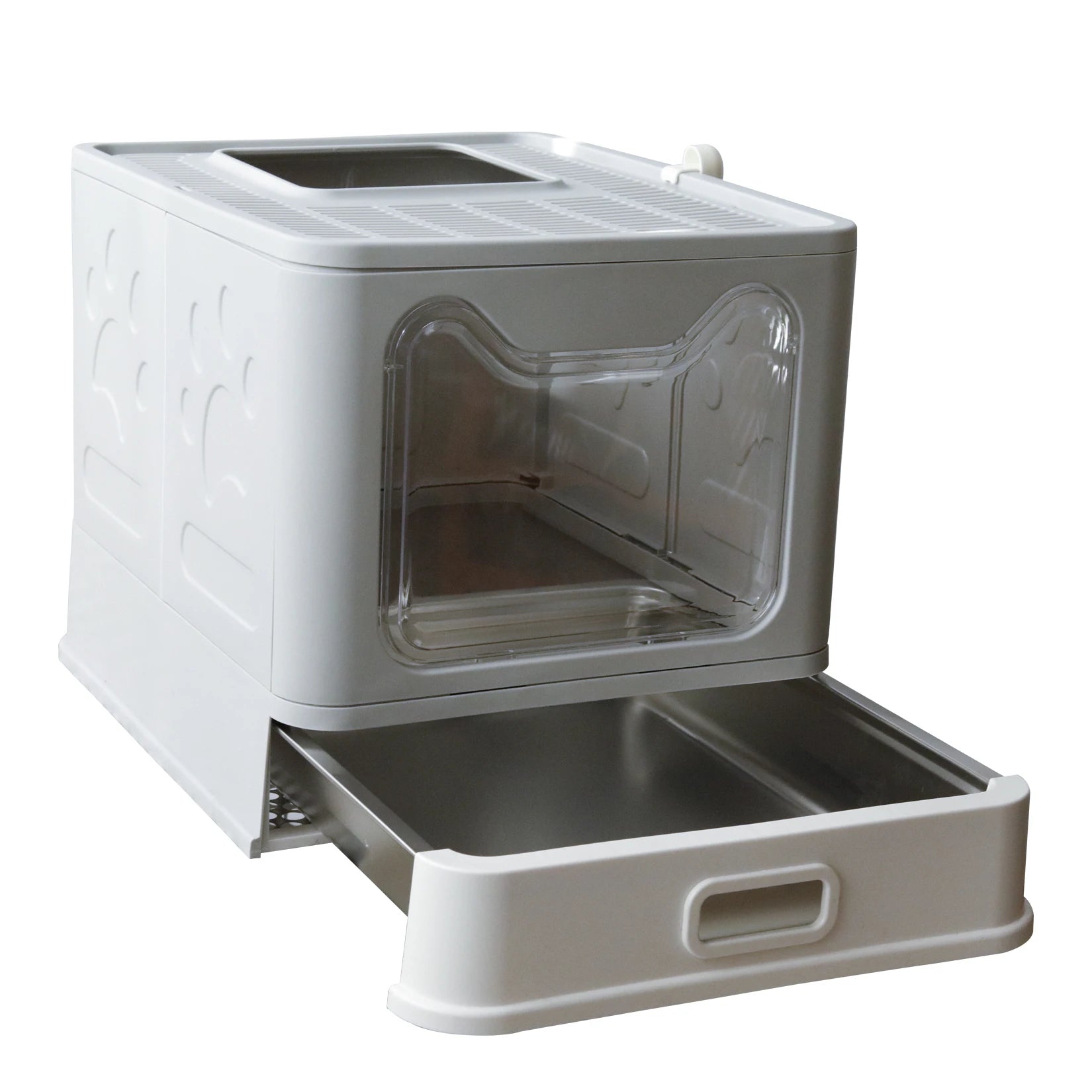 Cat Litter Box with Lid Front Entry Top Exit Stainless Steel Base Foldable Design. easy clean and scoop included