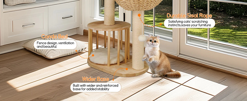 Wooden Cat Tree with Condo Baskets, Sisal scratching posts and Hanging Toy