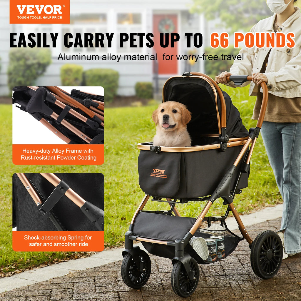 Foldable Pet Stroller with Storage Basket and Safety Tether - Up to 30kg