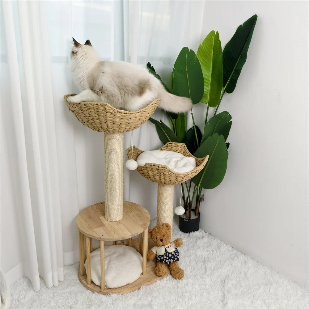 Wooden Cat Tree with Condo Baskets, Sisal scratching posts and Hanging Toy