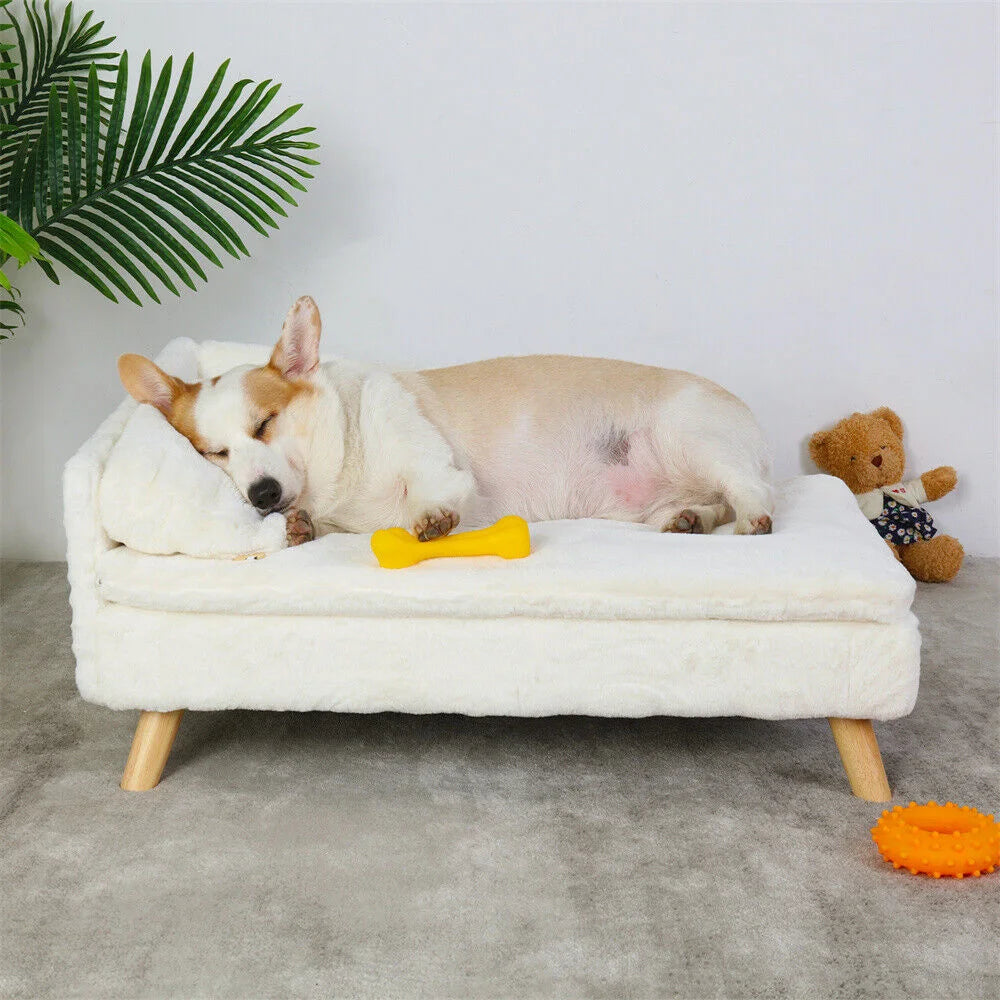 Luxury elevated Pet Lounger Sofa Bed with Plush Cushion and Wooden Legs Raised Backrest for Dogs and Cats. (Small 67.5 x 38cm, 20kg)