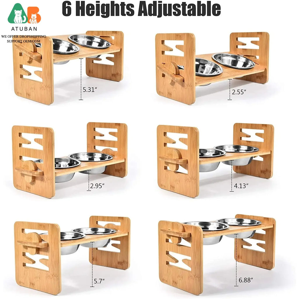 Adjustable Elevated Pet Food and Water Bowl Set Bamboo Stand Non Slip with 2 Stainless Steel Bowls