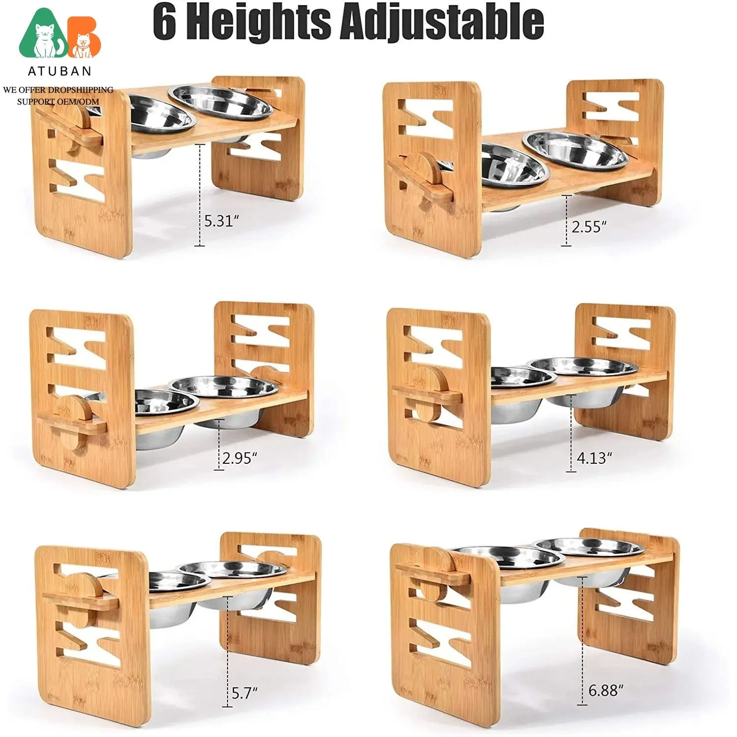 Adjustable Elevated Pet Food and Water Bowl Set Bamboo Stand Non Slip with 2 Stainless Steel Bowls