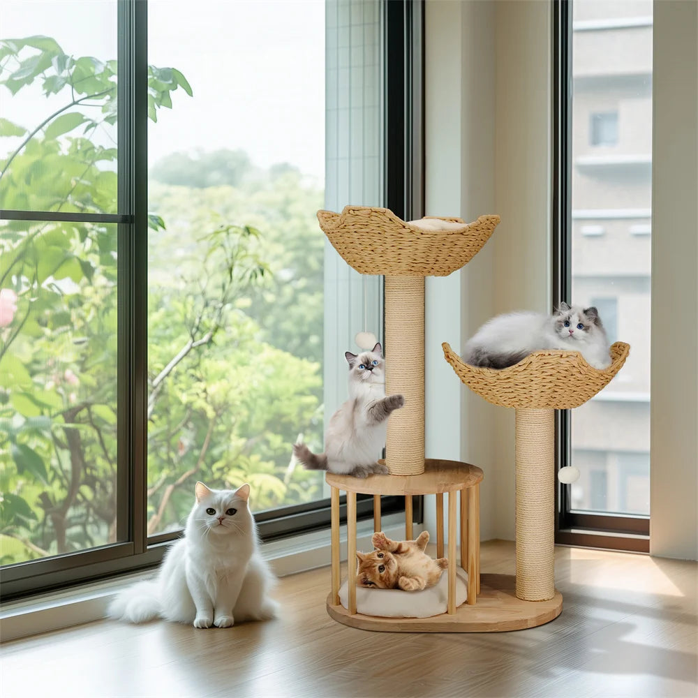 Wooden Cat Tree with Condo Baskets, Sisal scratching posts and Hanging Toy
