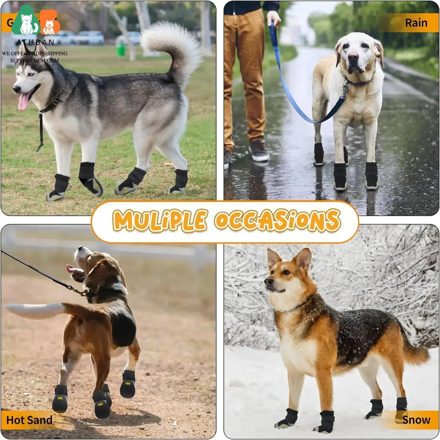 Waterproof Dog Boots with Non Slip Sole for Medium to Large Dogs, Gray, Size 2(see sizing chart)