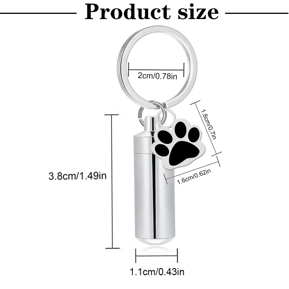Paw Print Cylinder Pet Urn Pendant Keychain Stainless Steel with Funnel Included - Rose Gold