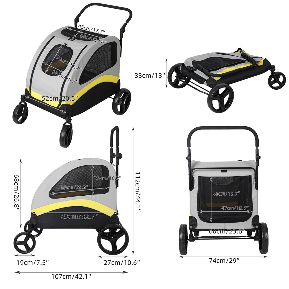 Heavy Duty Pet Stroller with 4 Wheels and Brake - Foldable. (Large)