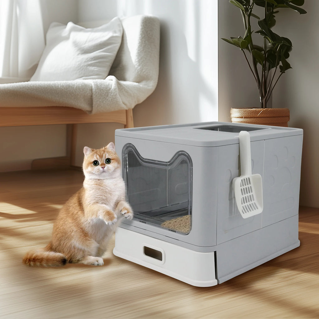 Cat Litter Box with Lid Front Entry Top Exit Stainless Steel Base Foldable Design. easy clean and scoop included