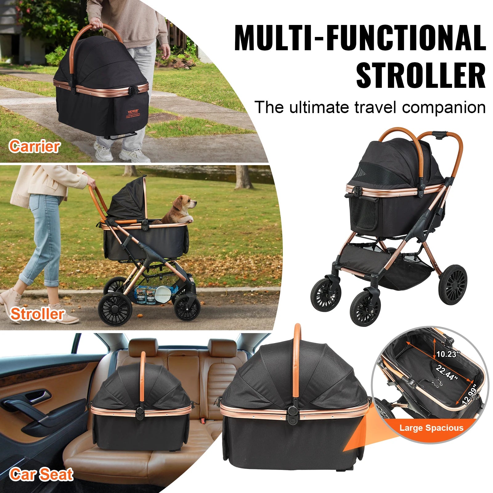 Foldable Pet Stroller with Storage Basket and Safety Tether - Up to 30kg